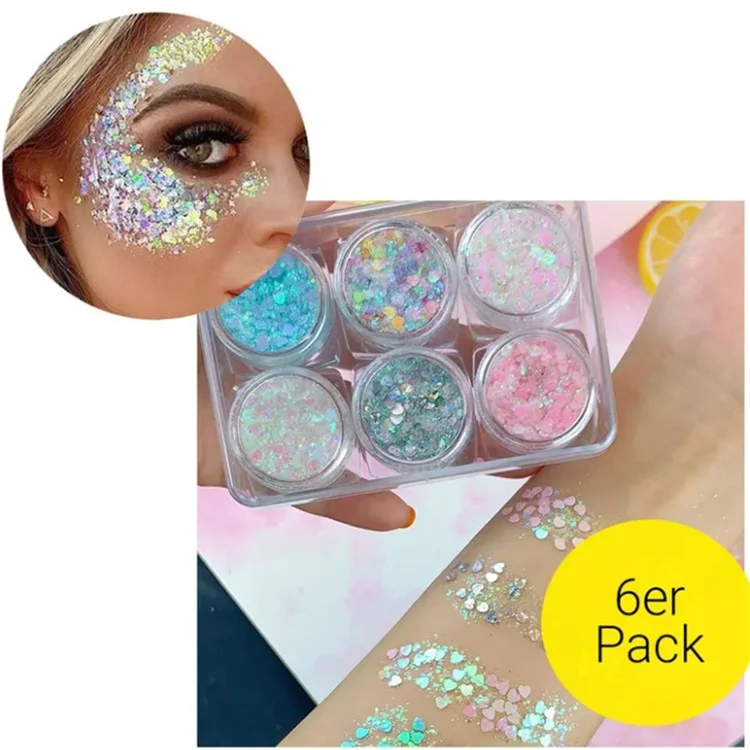 6 Colors Glitter Gel Set Chunky Holographic Body Glitter for Face Glitter Makeup Eye Lips Hair Nail Glitter Eyeshadow, No Need Glue - 105#
