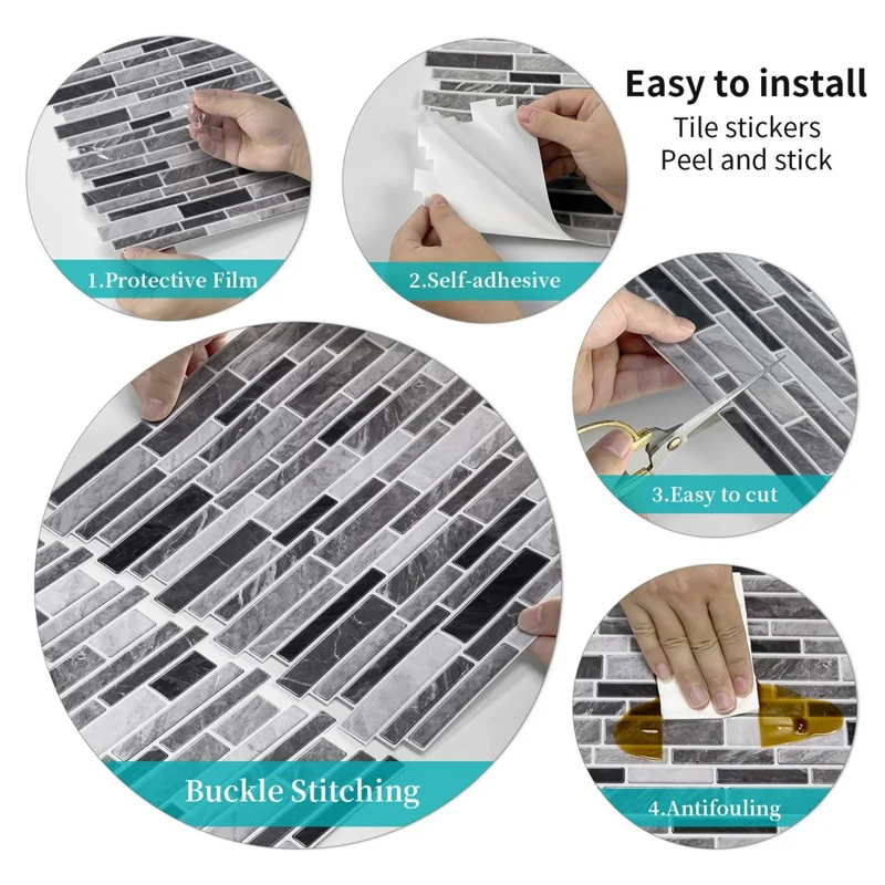 12Pcs 30.5x30.5cm Peel and Stick Wall Tile Stickers Waterproof Self-Adhesive Wall Decals for Kitchen Bathroom - SPT001