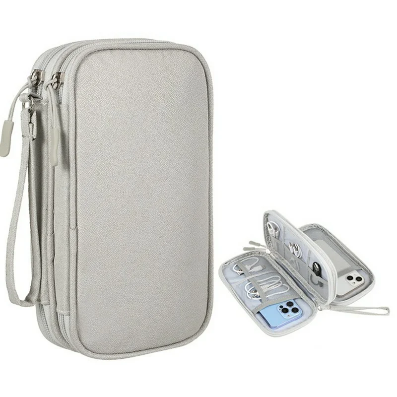 Double Layer Data Cable Organizer Bag for Travel Portable Storage Pouch Anti-scratch Waterproof Electronics Accessories Case - Grey