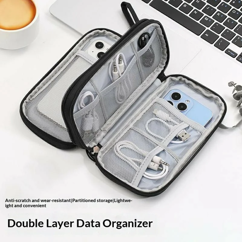 Double Layer Data Cable Organizer Bag for Travel Portable Storage Pouch Anti-scratch Waterproof Electronics Accessories Case - Grey