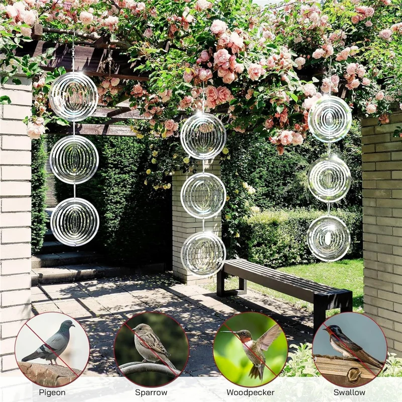 9 uds. discos 3D reflectantes antipájaros de acero inoxidable, giradores con viento, decoración para jardín, patio, huerto al aire libre