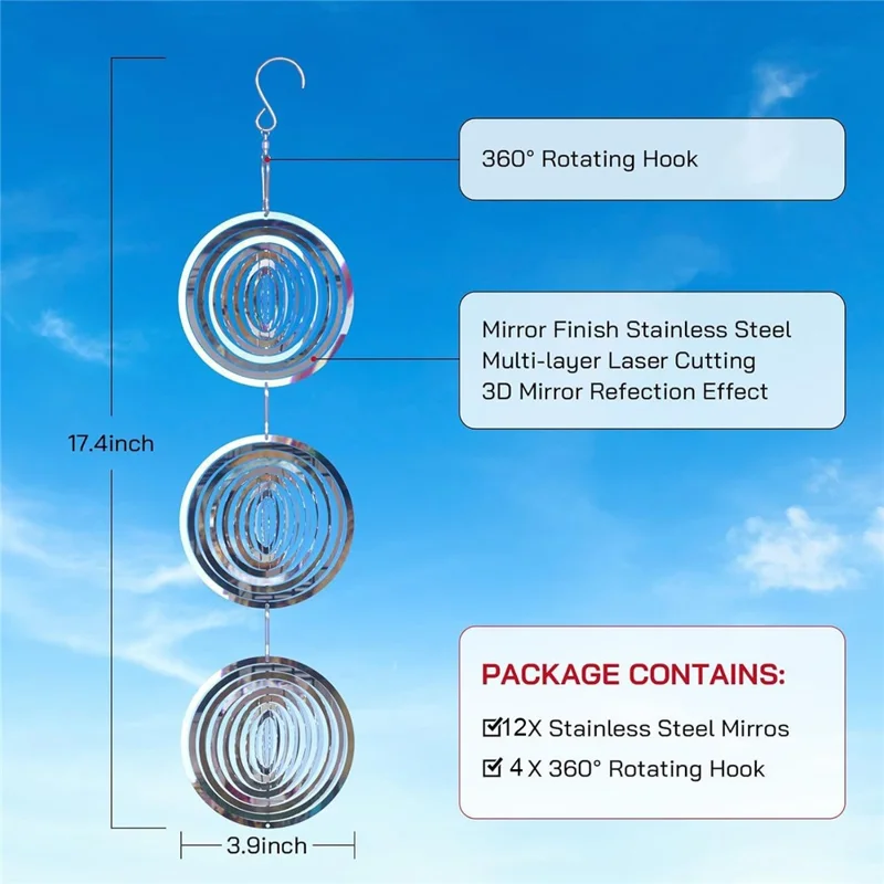 12 stuks 3D RVS Reflecterende Vogelverdrijf Schijven Windspinner Tuindecoratie voor Buiten, Tuin, Boomgaard