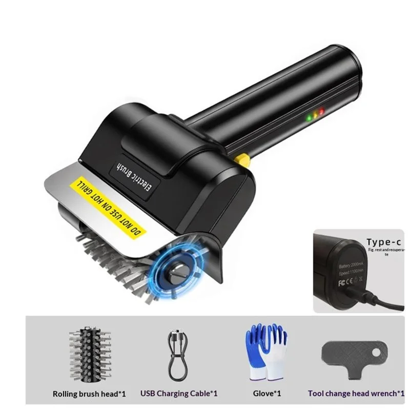 Electric Grill Cleaning Brush 2000mAh Wireless BBQ Cleaner Clean Brush with 1Pc Rolling Brush Head for Outdoor