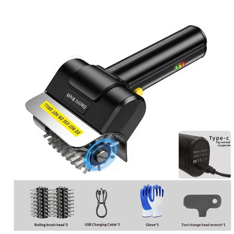 Brosse électrique sans fil pour barbecue moteur 1100 tr/min rechargeable brosse à nettoyer BBQ en acier inoxydable avec 2 têtes de brosses