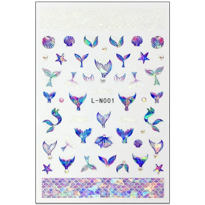 10.5x7cm Ocean Theme Nail Art Stickers Holographic Mermaid Tail Shell Starfish Waterproof Decals - L-N001