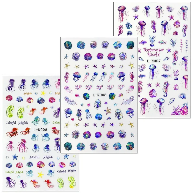 10.5x7cm Ocean Theme Nail Art Stickers Holographic Mermaid Tail Shell Starfish Waterproof Decals - L-N001