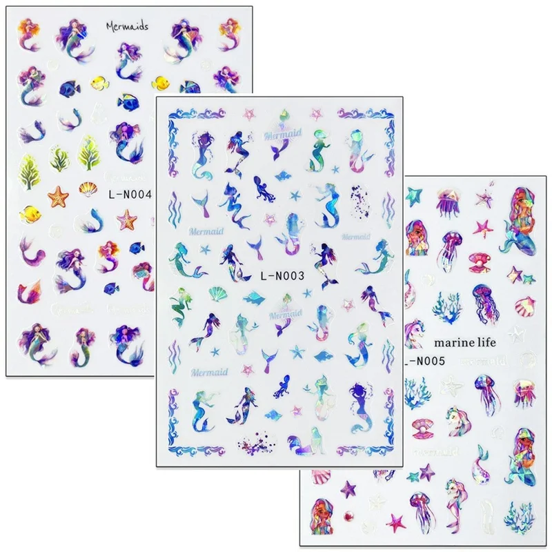 10.5x7cm Ocean Theme Nail Art Stickers Holographic Mermaid Tail Shell Starfish Waterproof Decals - L-N001