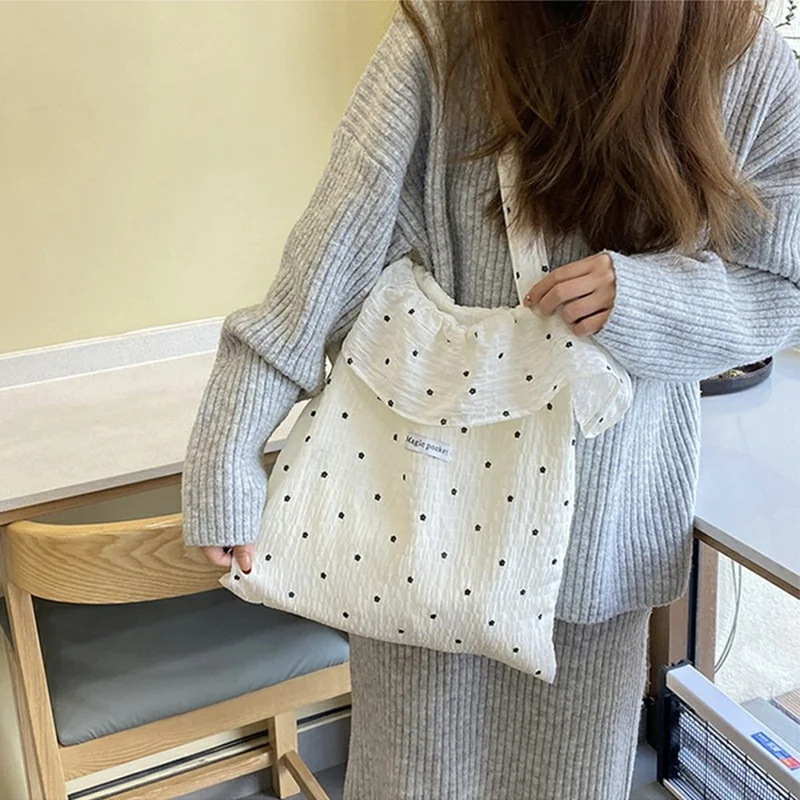 Polka Dot Chiffon Tote Bag with Ruffle Shoulder Handbag for Beach Vacation Travel - White