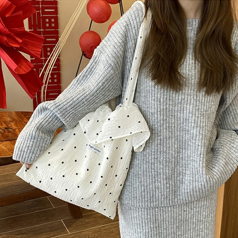 Polka Dot Chiffon Tote Bag with Ruffle Shoulder Handbag for Beach Vacation Travel - White