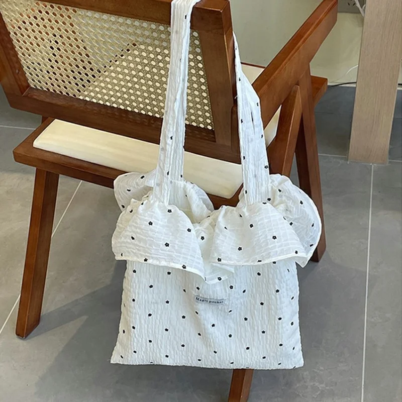 Polka Dot Chiffon Tote Bag with Ruffle Shoulder Handbag for Beach Vacation Travel - White