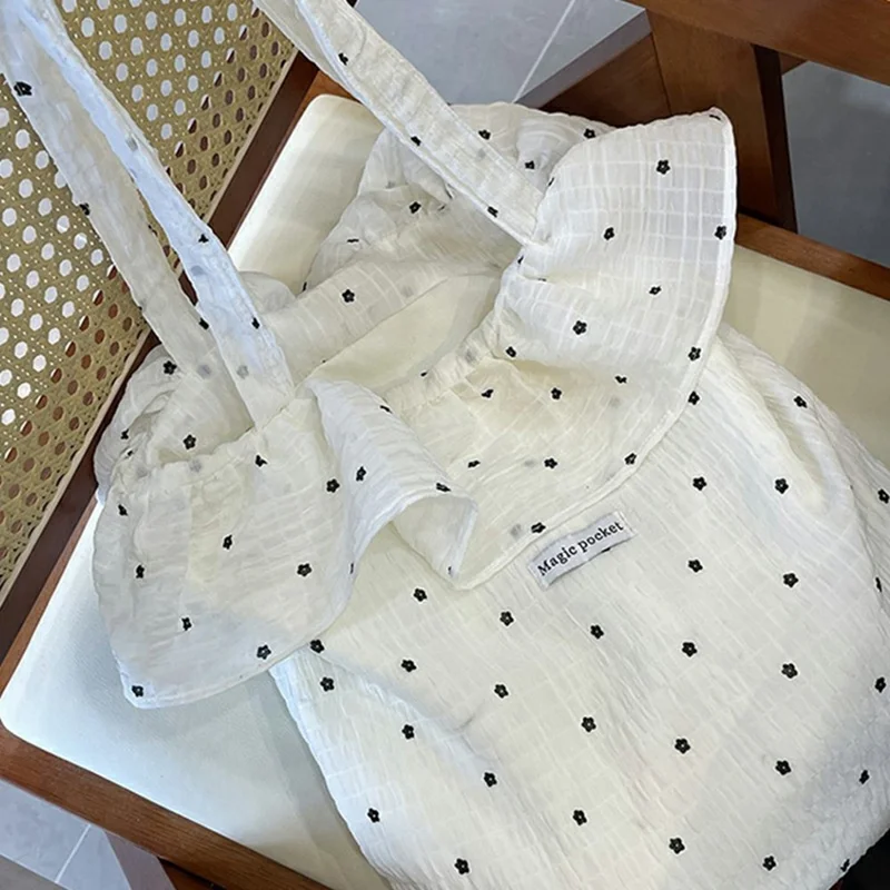 Polka Dot Chiffon Tote Bag with Ruffle Shoulder Handbag for Beach Vacation Travel - White