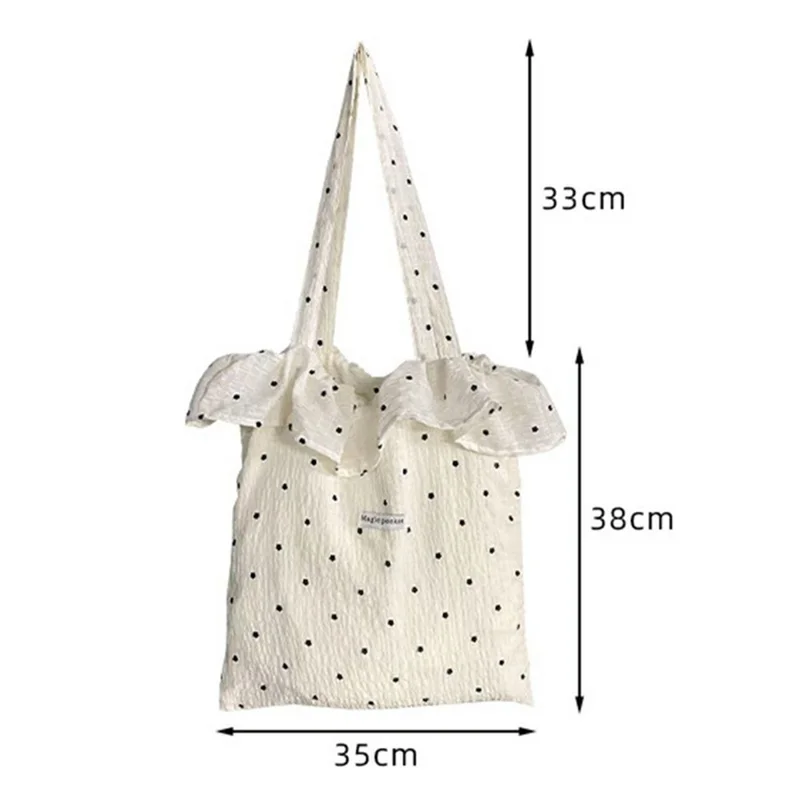Polka Dot Chiffon Tote Bag with Ruffle Shoulder Handbag for Beach Vacation Travel - White