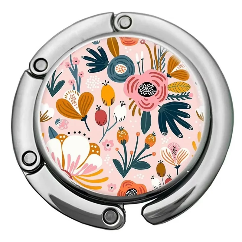 Floral Print Foldable Purse Hook Magnetic Quick-Release Round Metal Bag Hanger Clip Portable Table Edge Clamp - Pink