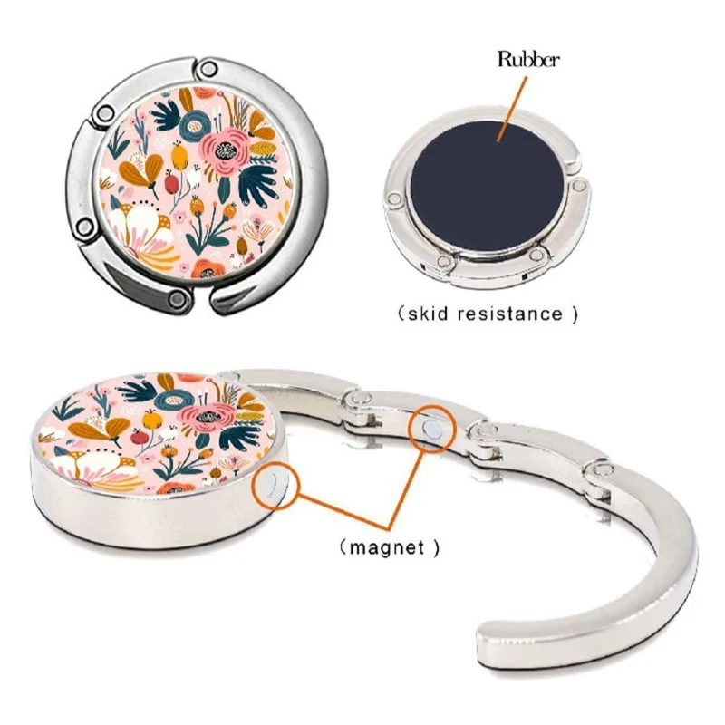Floral Print Foldable Purse Hook Magnetic Quick-Release Round Metal Bag Hanger Clip Portable Table Edge Clamp - Pink