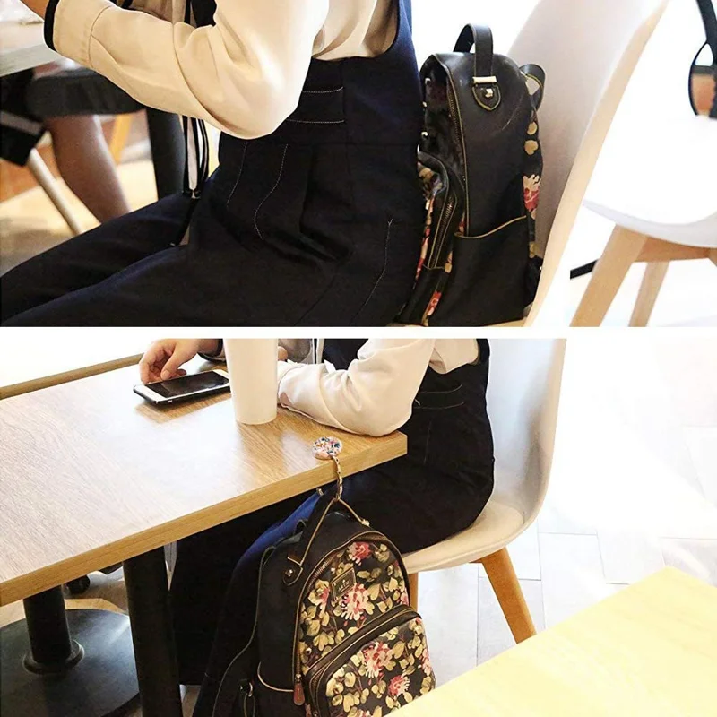 Floral Print Foldable Purse Hook Magnetic Quick-Release Round Metal Bag Hanger Clip Portable Table Edge Clamp - Pink