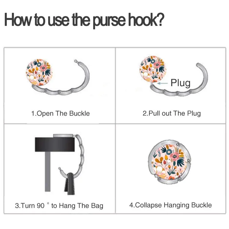 Floral Print Foldable Purse Hook Magnetic Quick-Release Round Metal Bag Hanger Clip Portable Table Edge Clamp - Pink