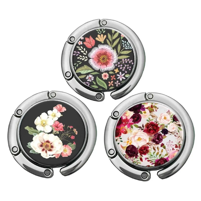 Floral Print Foldable Purse Hook Magnetic Quick-Release Round Metal Bag Hanger Clip Portable Table Edge Clamp - Pink
