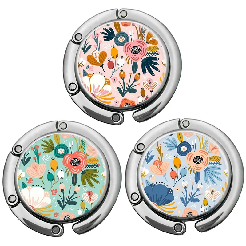 Floral Print Foldable Purse Hook Magnetic Quick-Release Round Metal Bag Hanger Clip Portable Table Edge Clamp - Pink