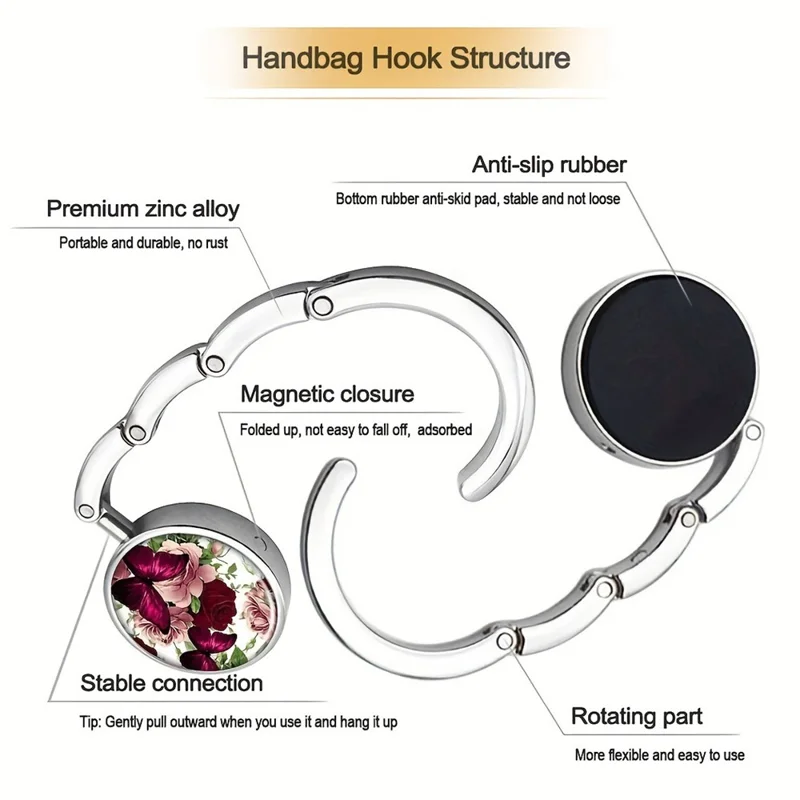 Magnetic Foldable Table Hook Handbag Hanger Desk Edge Clip Portable Hook for Office Home Organization - Flower Butterfly  /  White