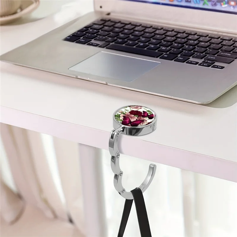 Magnetic Foldable Table Hook Handbag Hanger Desk Edge Clip Portable Hook for Office Home Organization - Flower Butterfly  /  White