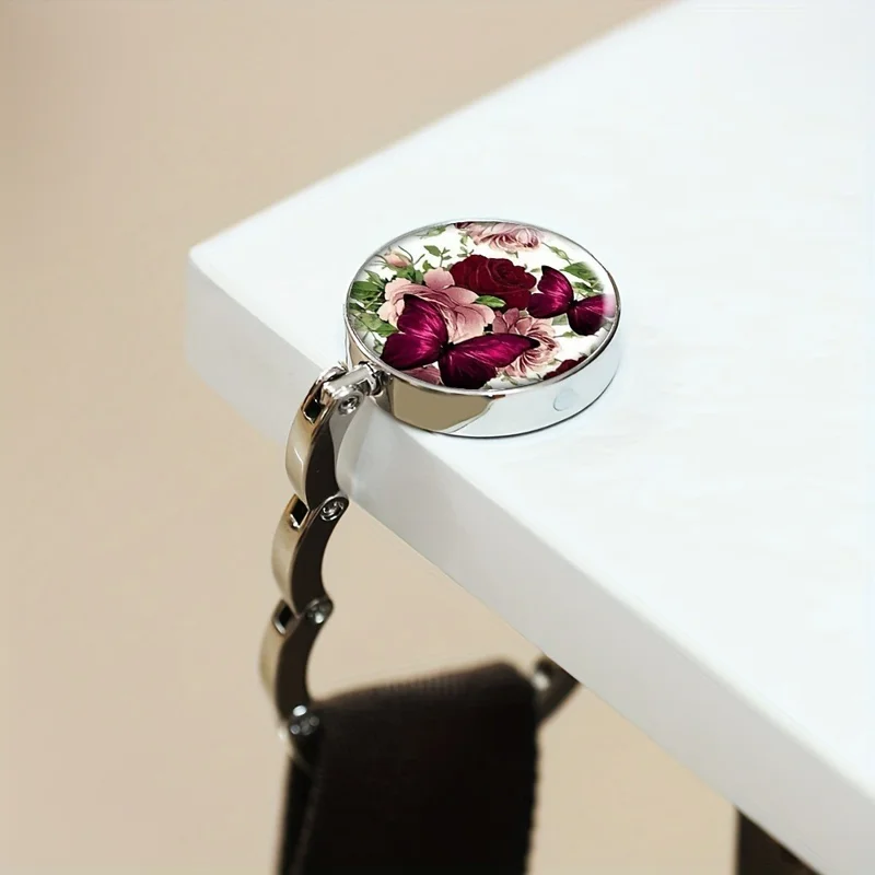 Magnetic Foldable Table Hook Handbag Hanger Desk Edge Clip Portable Hook for Office Home Organization - Flower Butterfly  /  White
