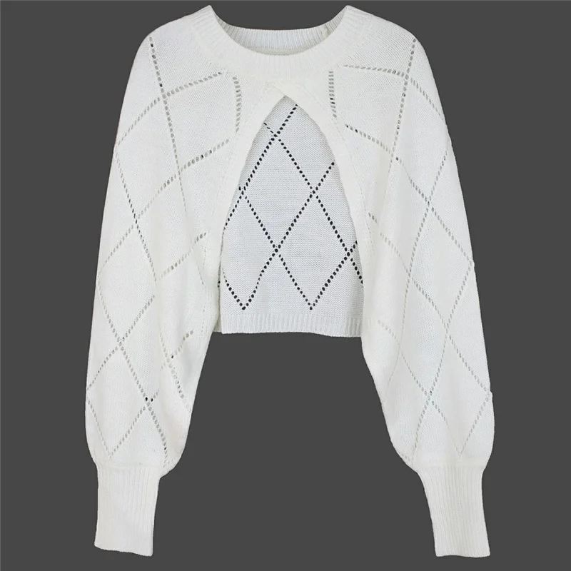 Women Hollow Out Knit Crop Cardigan Sweater Short Lantern Sleeve Top Diamond Pattern Breathable Sweater - S