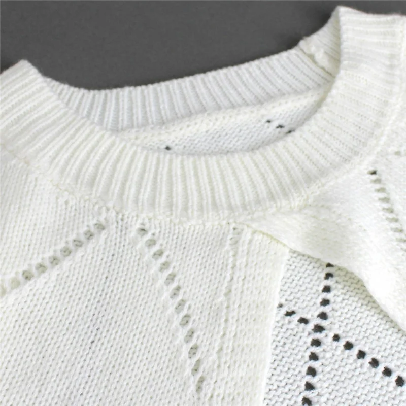Women Hollow Out Knit Crop Cardigan Sweater Short Lantern Sleeve Top Diamond Pattern Breathable Sweater - S