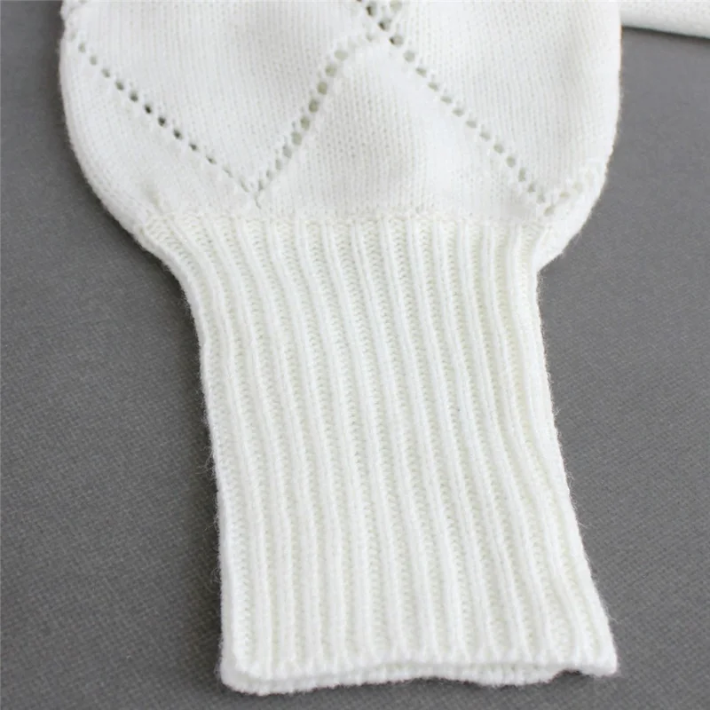 Women Hollow Out Knit Crop Cardigan Sweater Short Lantern Sleeve Top Diamond Pattern Breathable Sweater - S