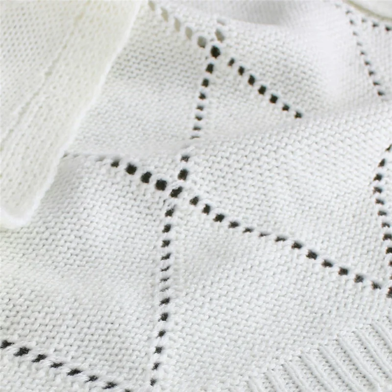 Women Hollow Out Knit Crop Cardigan Sweater Short Lantern Sleeve Top Diamond Pattern Breathable Sweater - S
