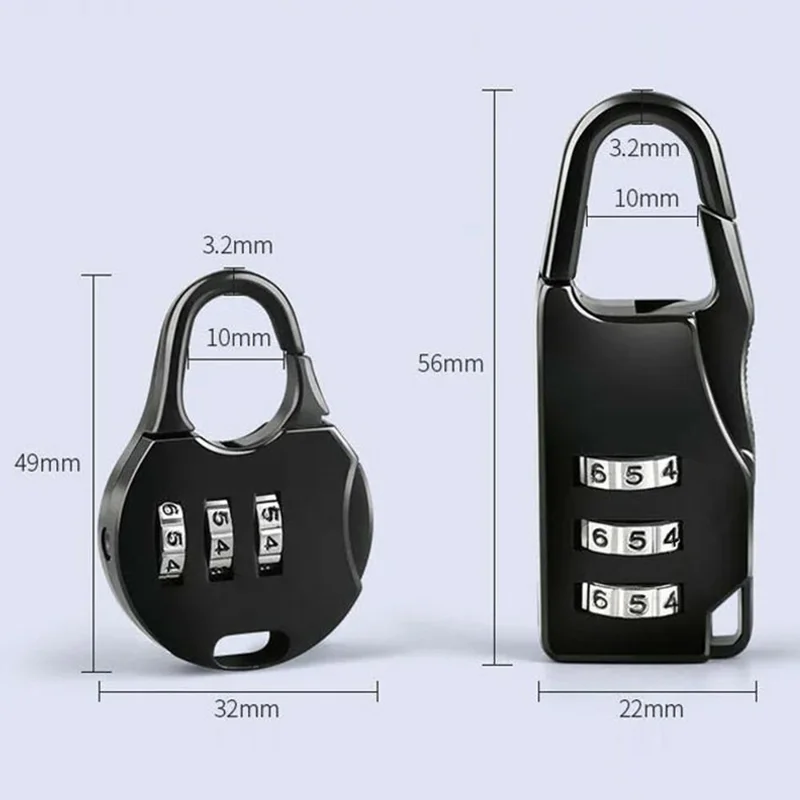 Mini Padlock 3-Digit Combination Lock Zinc Alloy Carabiner Shackle Security Lock for Luggage Backpack Gym Locker - Round  /  Black