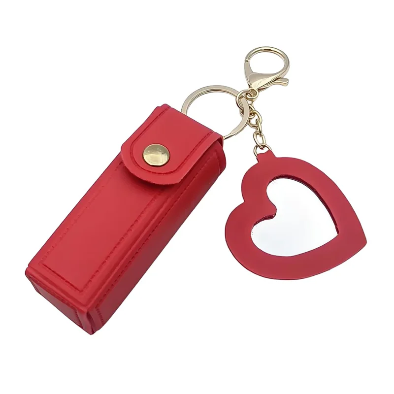 Schlüsselanhänger-Design Tragbare Lippenstifttasche mit Herzspiegel-Anhänger aus PU-Leder, Mini-Make-up-Beutel für unterwegs, täglich - Rot