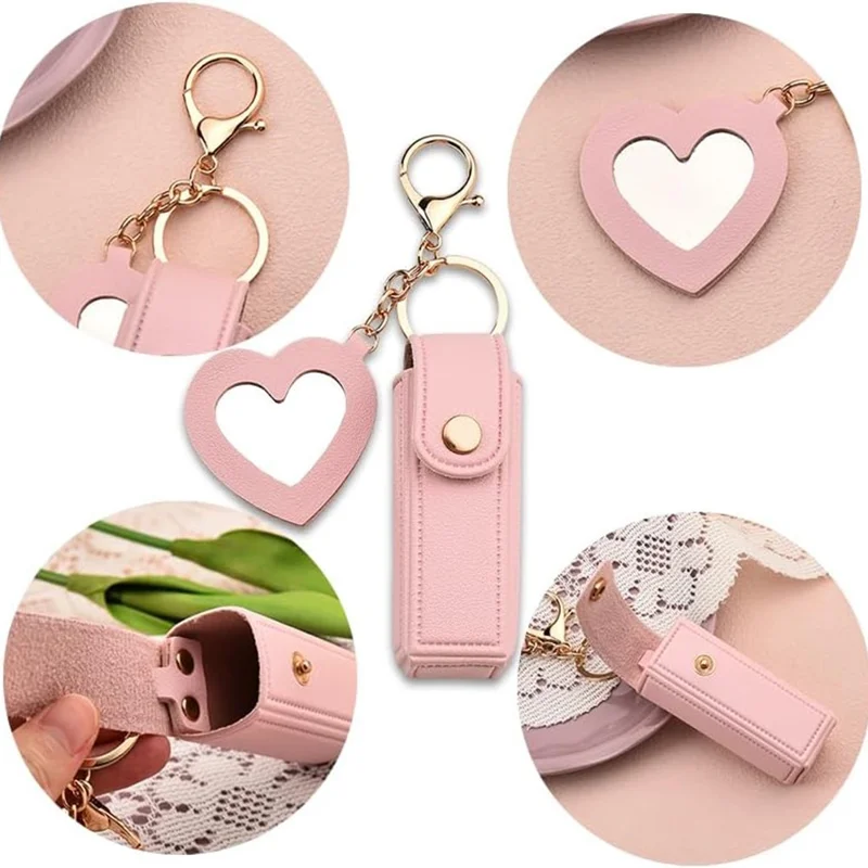 Schlüsselanhänger-Design Tragbare Lippenstifttasche mit Herzspiegel-Anhänger aus PU-Leder, Mini-Make-up-Beutel für unterwegs, täglich - Rot