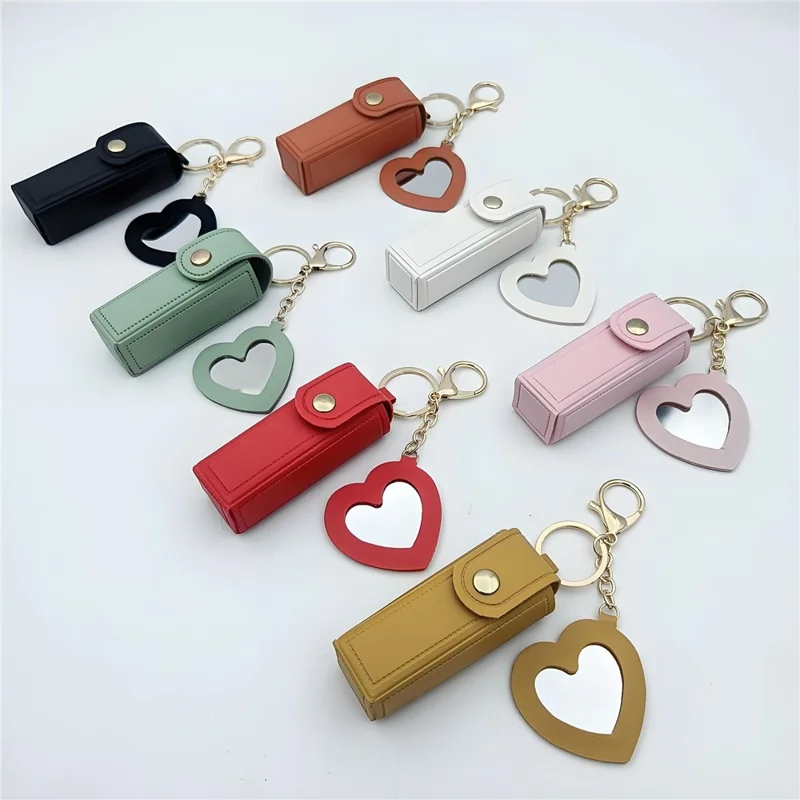 Schlüsselanhänger-Design Tragbare Lippenstifttasche mit Herzspiegel-Anhänger aus PU-Leder, Mini-Make-up-Beutel für unterwegs, täglich - Rot