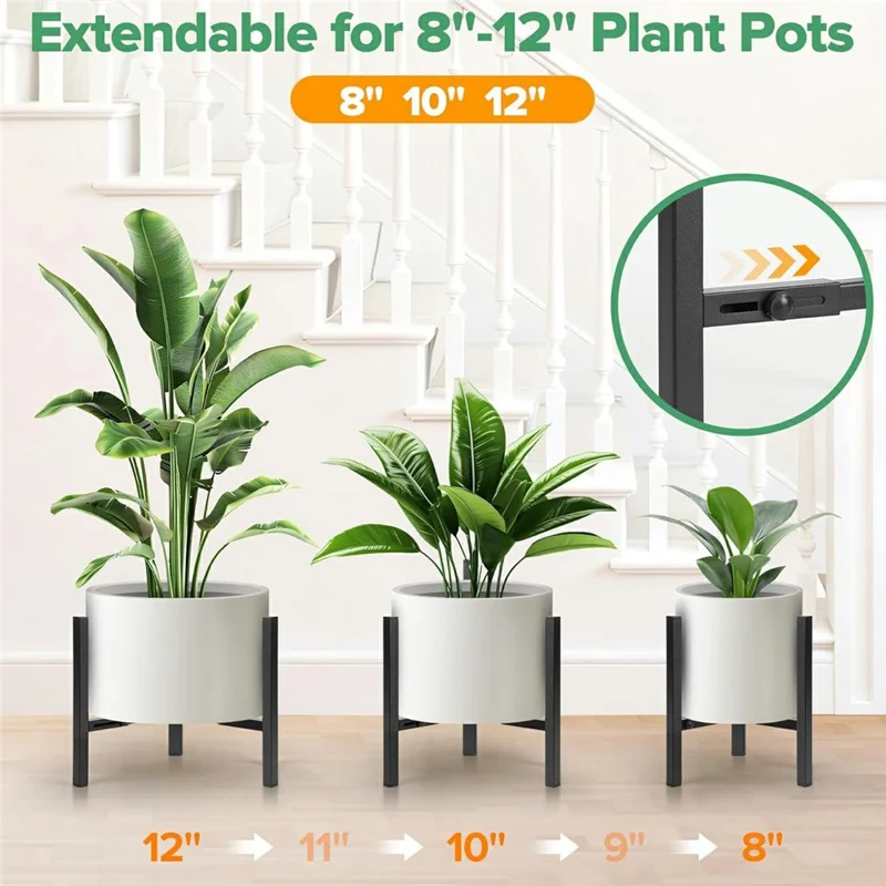 Soporte de 8-12 pulgadas con ancho ajustable para plantas, estructura telescópica triangular, soporte para macetas, interior y exterior - Negro