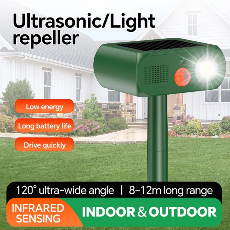 Répulsif Solaire Ultrasonique pour Animaux, 4 Modes, Capteur de Mouvement Infrarouge, Lumière Stroboscopique LED, Appareil Répulsif Étanche IP65 pour Jardin Extérieur - Vert Armée