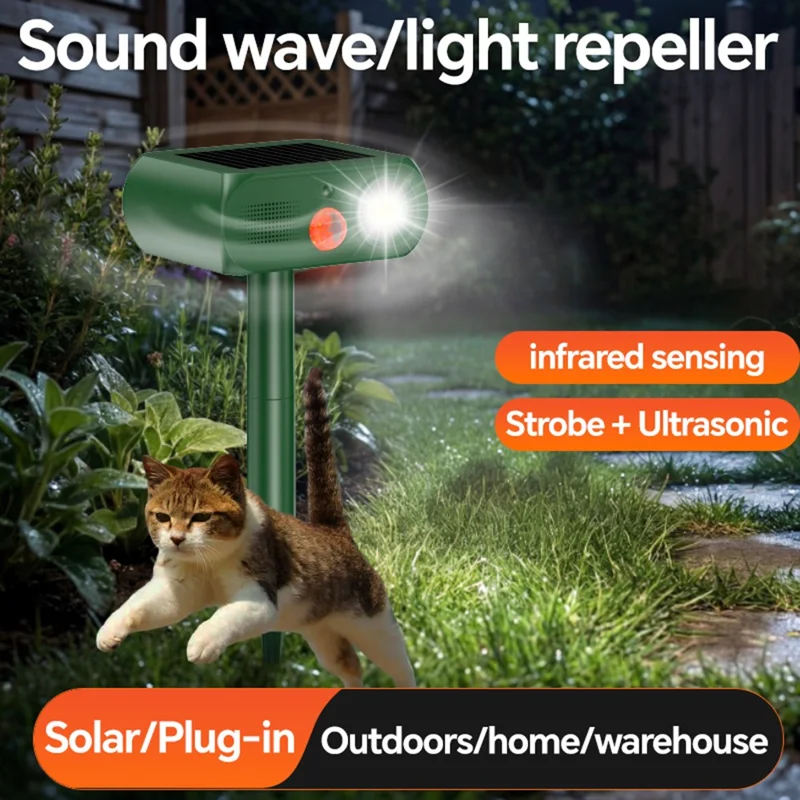 Répulsif Solaire Ultrasonique pour Animaux, 4 Modes, Capteur de Mouvement Infrarouge, Lumière Stroboscopique LED, Appareil Répulsif Étanche IP65 pour Jardin Extérieur - Vert Armée