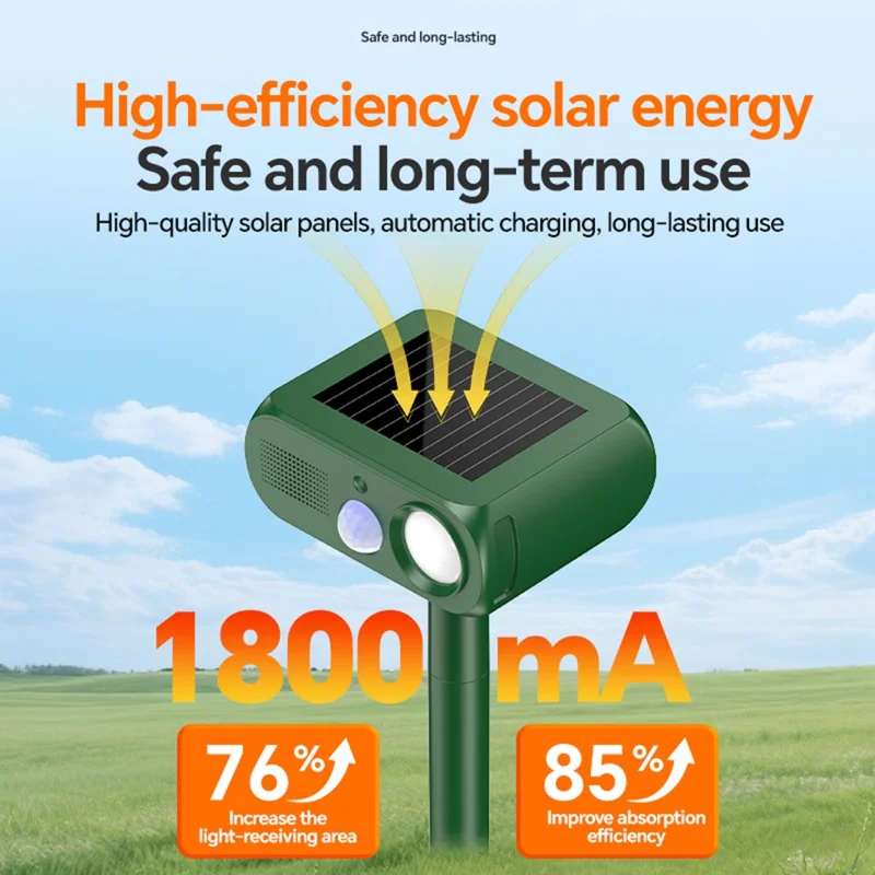 Répulsif Solaire Ultrasonique pour Animaux, 4 Modes, Capteur de Mouvement Infrarouge, Lumière Stroboscopique LED, Appareil Répulsif Étanche IP65 pour Jardin Extérieur - Vert Armée
