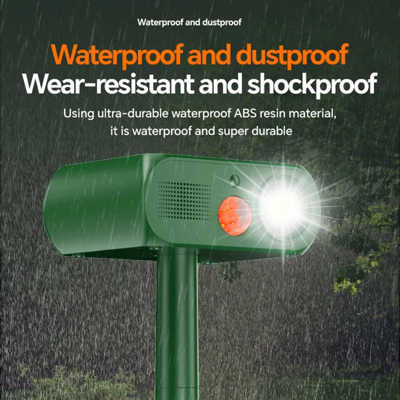 Répulsif Solaire Ultrasonique pour Animaux, 4 Modes, Capteur de Mouvement Infrarouge, Lumière Stroboscopique LED, Appareil Répulsif Étanche IP65 pour Jardin Extérieur - Vert Armée