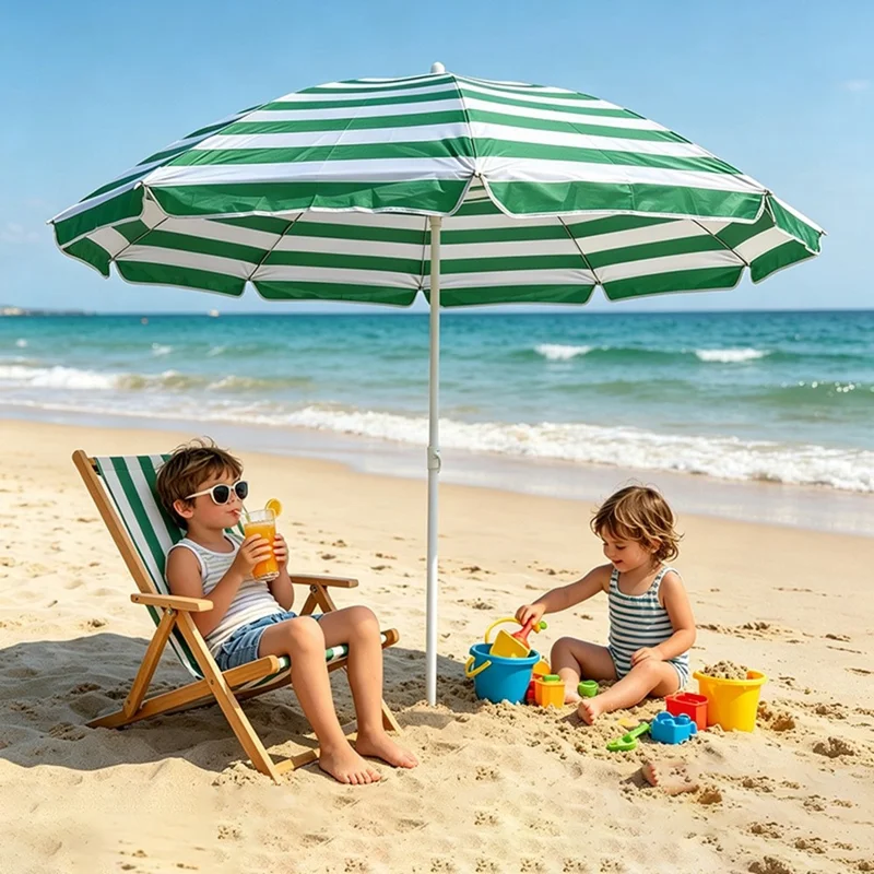 ST-STS-TW1 1.6m Diameter Outdoor Patio Umbrella Stripe Adjustable Beach Garden Parasol without Base - Green White  /  Stripe