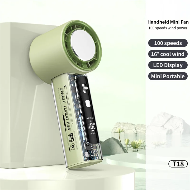T-18 Handheld Fan 100-Speed Adjustable LED Display Transparent Portable Mini Fan with Cold Compress - Green