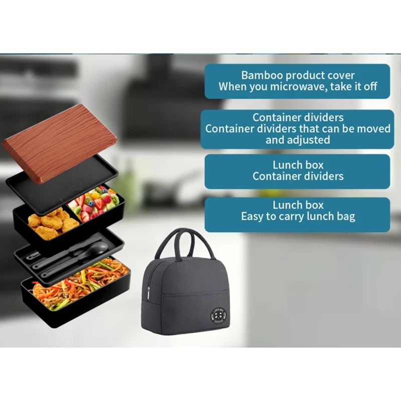 Dobbeltlaget Bento-frokostboks med suppecontainer, stor kapacitet til måltidsforberedelse med isoleret taske (BPA-fri, ingen FDA) - Sort