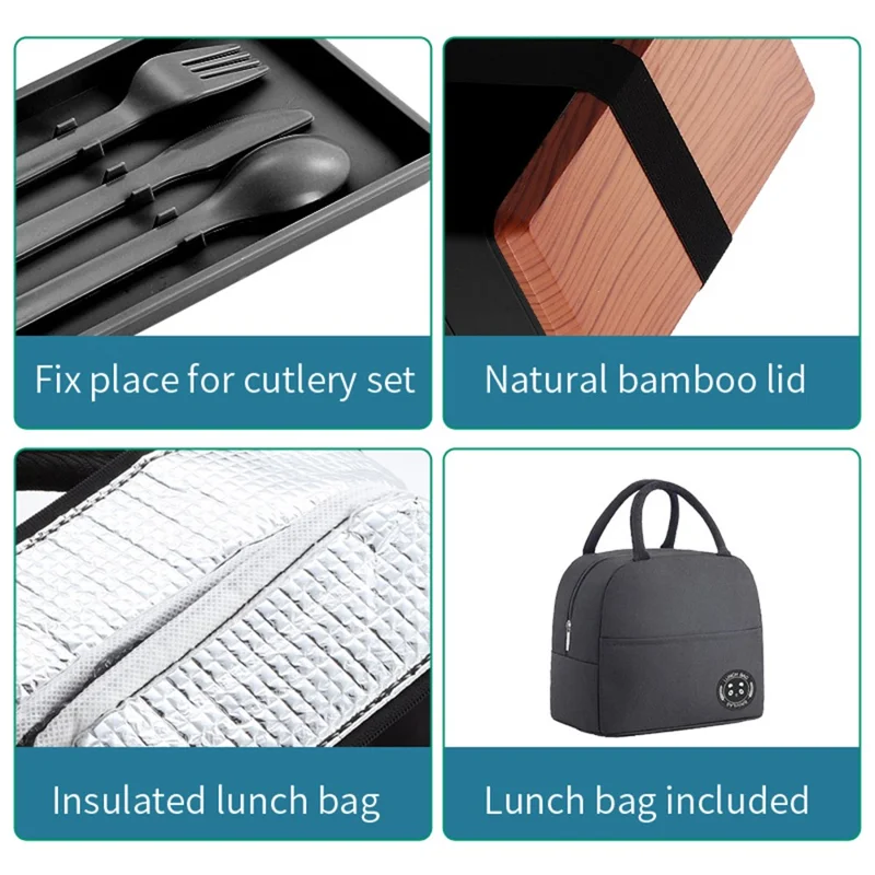 Dobbeltlaget Bento-frokostboks med suppecontainer, stor kapacitet til måltidsforberedelse med isoleret taske (BPA-fri, ingen FDA) - Sort