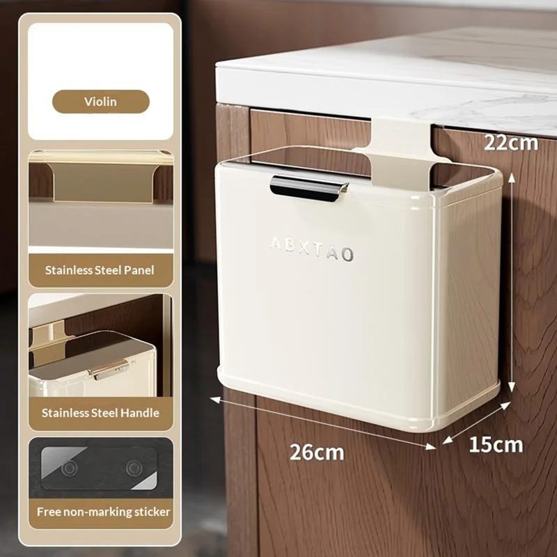 Pequeno 26x15x22cm Lixeira de Parede com Tampa em Aço Inoxidável para Cozinha e Casa de Banho - Branco Creme