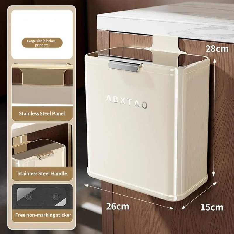 Lixeira Grande 26x15x28 cm Montada na Parede com Tampa em Aço Inoxidável para Cozinha e Casa de Banho - Branco Creme