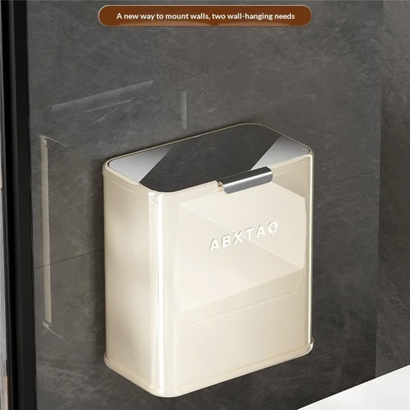 Lixeira Grande 26x15x28 cm Montada na Parede com Tampa em Aço Inoxidável para Cozinha e Casa de Banho - Branco Creme