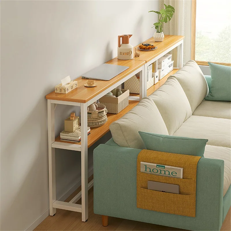 Smal Konsolbord 120x30cm 2-Lags Bag Sofabeholder til Stue og Soveværelse - Ege + Hvid Ramme