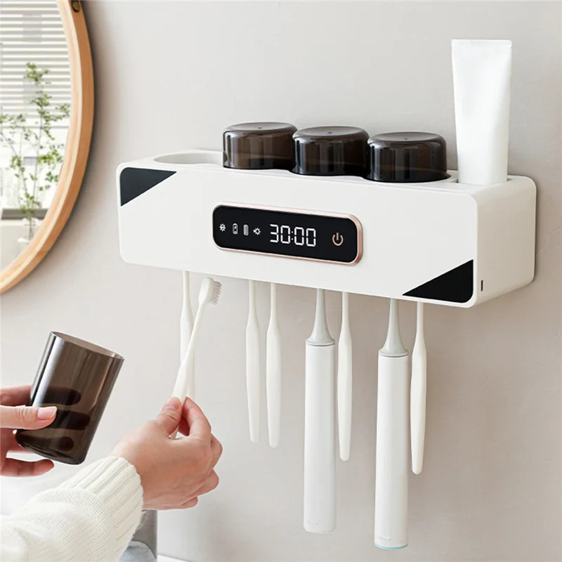 RA-622 Suporte para Escova de Dentes com Esterilização UVC Inteligente Montado na Parede com Ecrã Digital e Secagem Automática - Cinzento Escuro