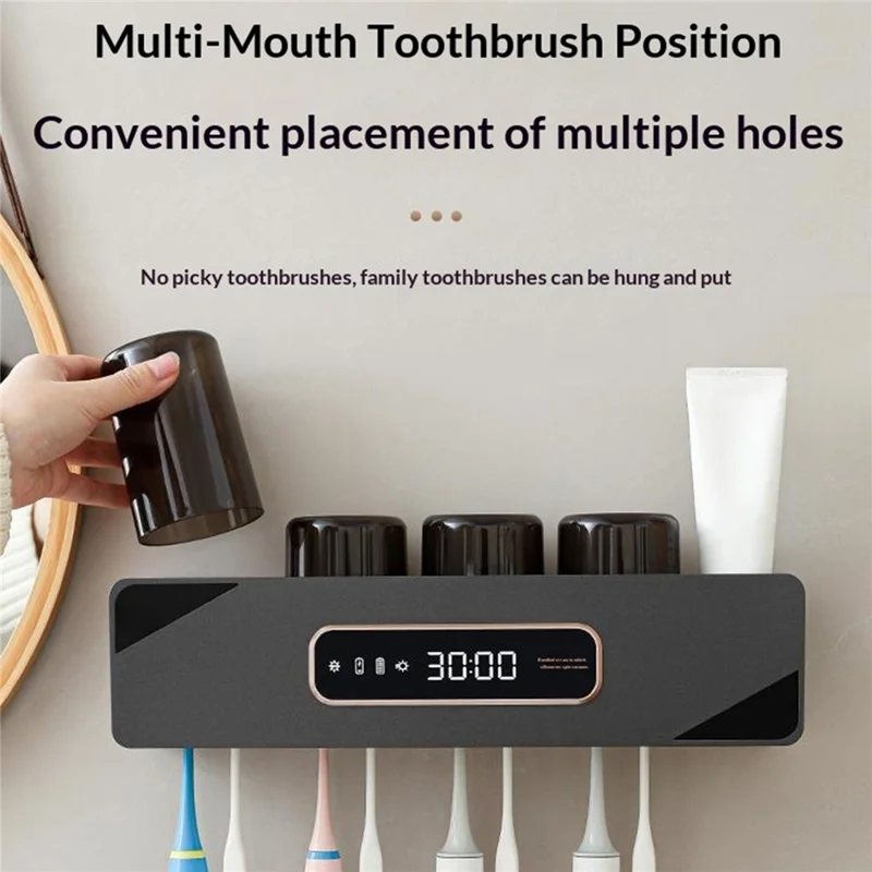 RA-622 Suporte para Escova de Dentes com Esterilização UVC Inteligente Montado na Parede com Ecrã Digital e Secagem Automática - Cinzento Escuro