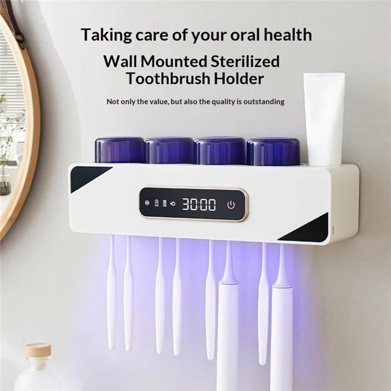 RA-622 Suporte para Escova de Dentes com Esterilização UVC Inteligente Montado na Parede com Ecrã Digital e Secagem Automática - Cinzento Escuro