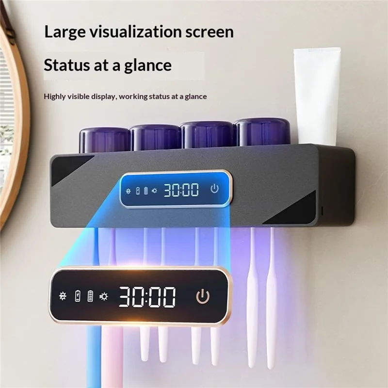 RA-622 Suporte para Escova de Dentes com Esterilização UVC Inteligente Montado na Parede com Ecrã Digital e Secagem Automática - Cinzento Escuro